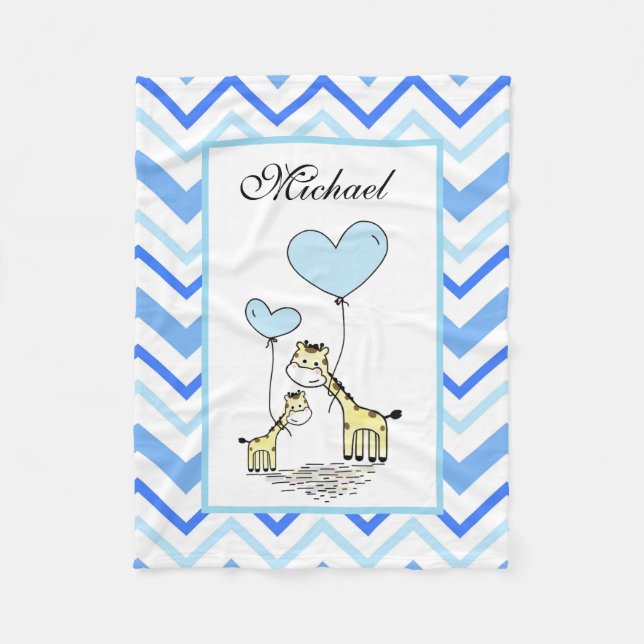 Blue Chevron Giraffe Cute Mother Baby Fleece Blanket (Front)