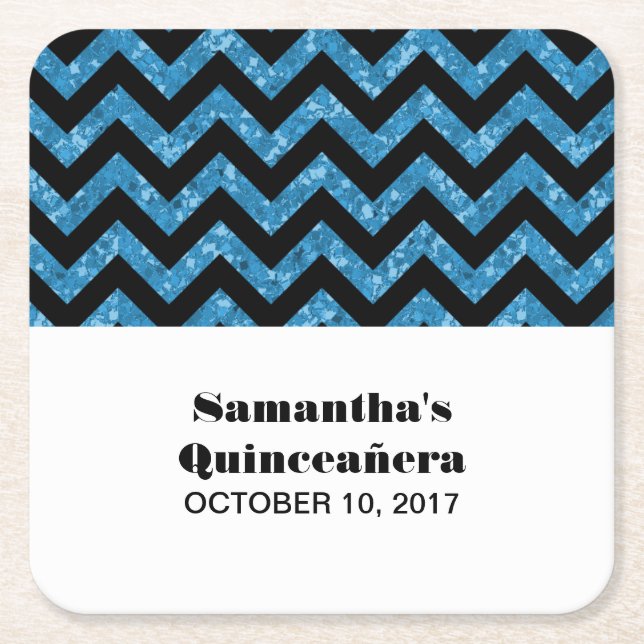 Blue Chevron Glitter Quinceañera Coasters (Front)