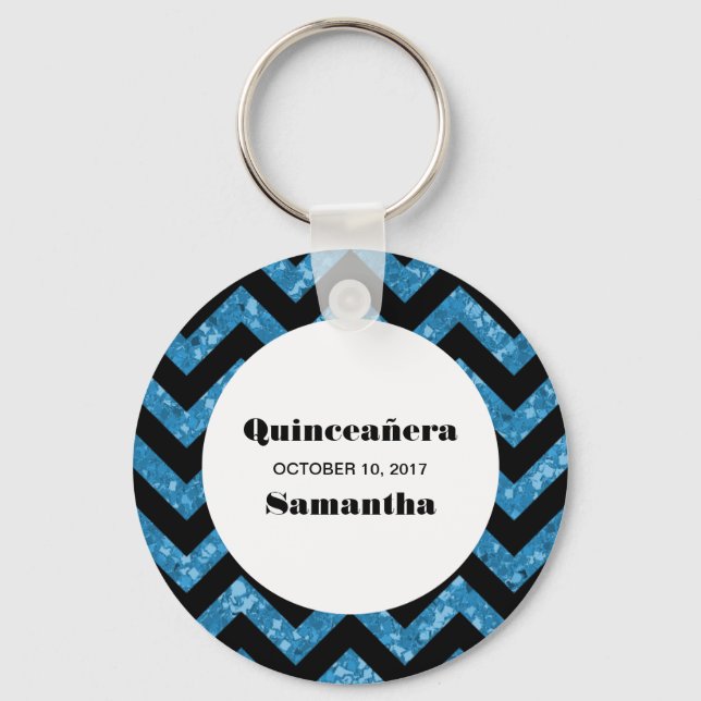 Blue Chevron Glitter Quinceañera Keychain (Front)