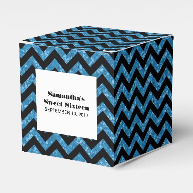 Blue Chevron Glitter Sweet 16 Favour Boxes (Front Side)