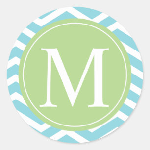 Blue Chevron Green Monogram Classic Round Sticker