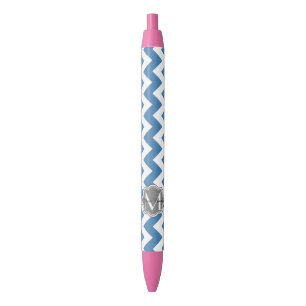 Blue Chevron, Grey Floral Custom Monogram Black Ink Pen