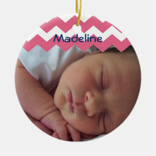 Blue chevron holiday photo memory sentimental ceramic tree decoration