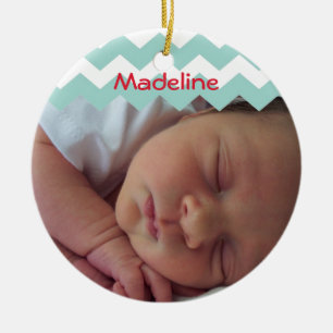 Blue chevron holiday photo memory sentimental ceramic tree decoration