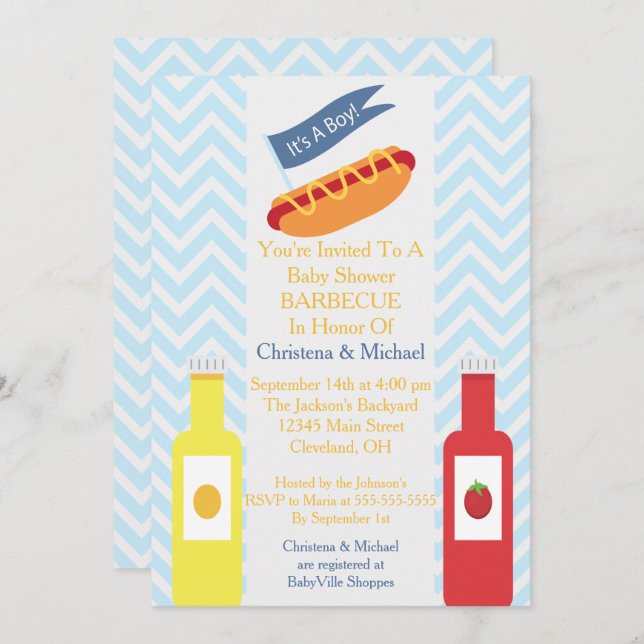 Blue Chevron Hotdog BBQ Baby Shower Invitation (Front/Back)