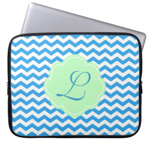Blue chevron, light green shape, monogram laptop sleeve