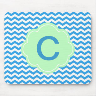 Blue chevron, light green shape, monogram mouse mat