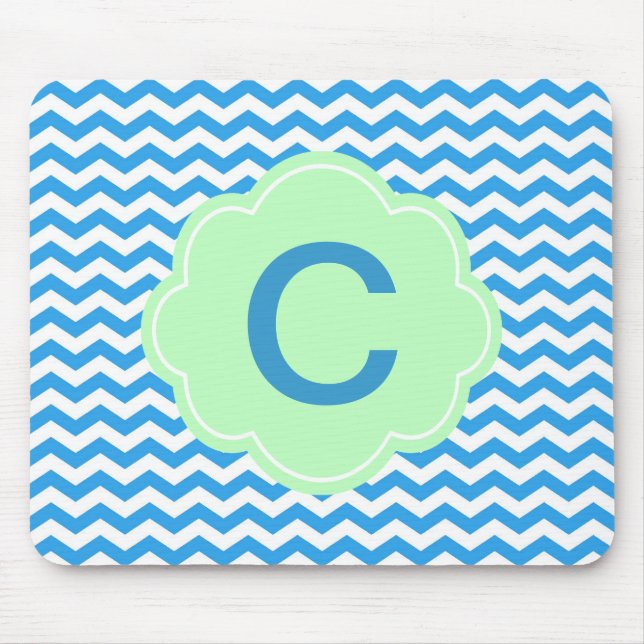 Blue chevron, light green shape, monogram mouse mat (Front)