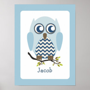 Blue + Chevron Owl Personalised Nursery Artwork Poster