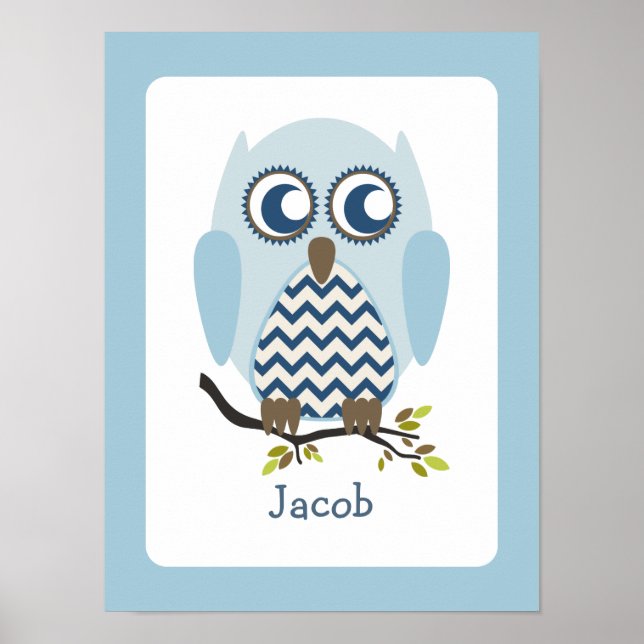 Blue + Chevron Owl Personalised Nursery Artwork Poster (Front)