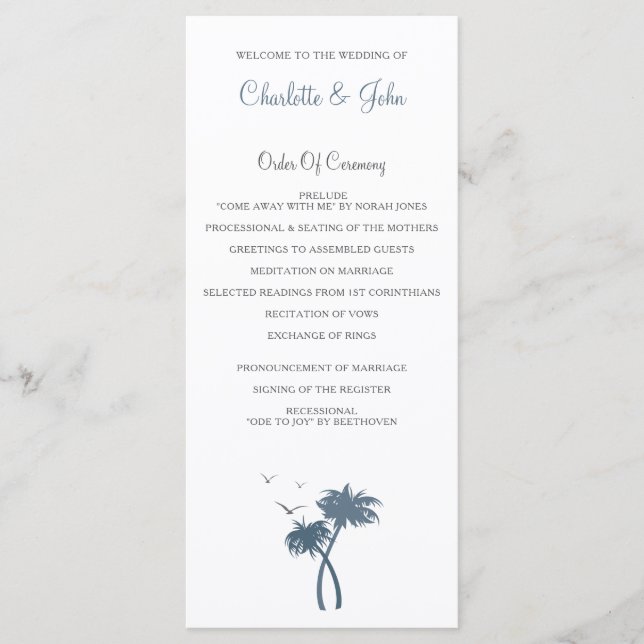 Blue chevron Palm Trees Beach Wedding programs Programme (Front)