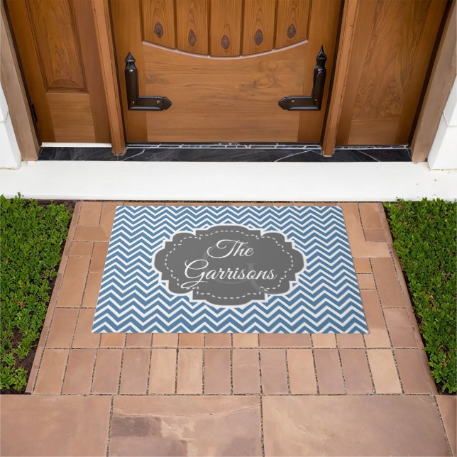 Blue Chevron Personalised Doormat (Outdoor)