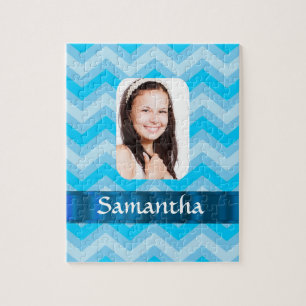 Blue chevron personalised photo template jigsaw puzzle