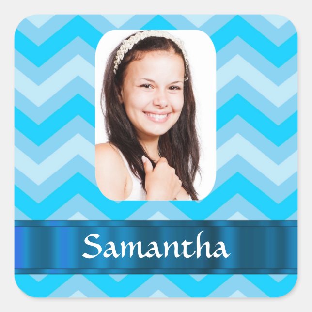 Blue chevron personalised photo template square sticker (Front)