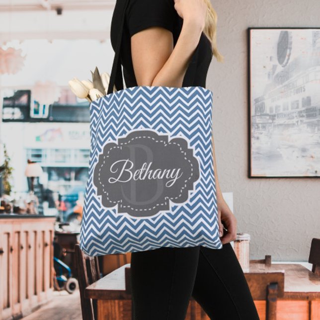 Blue Chevron Personalised Tote Bag (Blue Chevron Personalized Tote Bag)