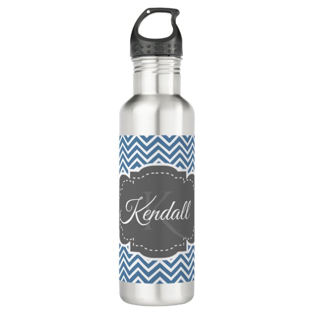 Blue Chevron Personalised Water Bottle (Front)