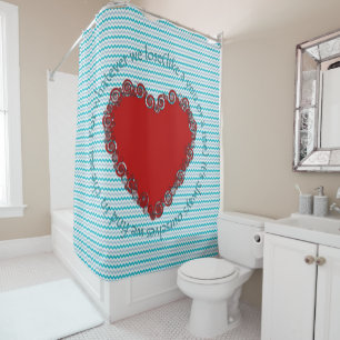 Blue Chevron Red Heart Sea Poem E.E. Cummings Shower Curtain