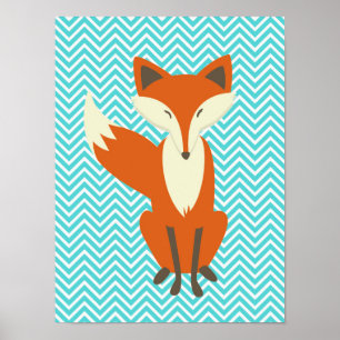 Blue Chevron Sly Fox Nursery Art Poster