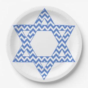 Blue Chevron Star of David Hanukkah Paper Plate