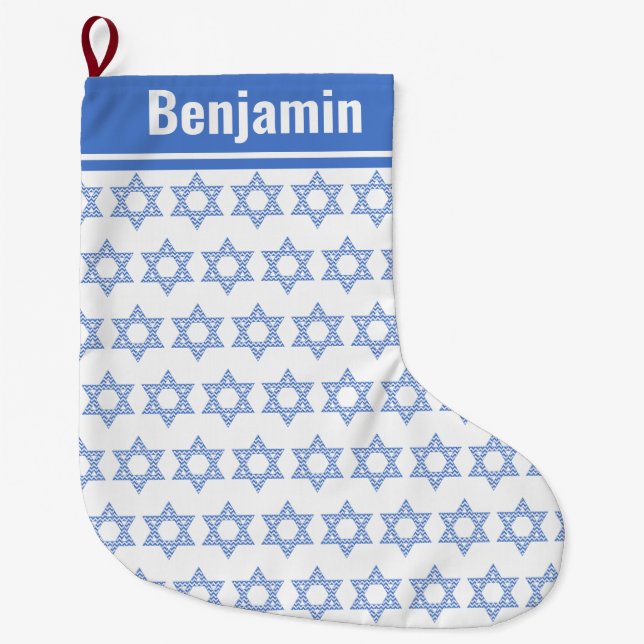Blue Chevron Star of David  Large Christmas Stocking (Front)