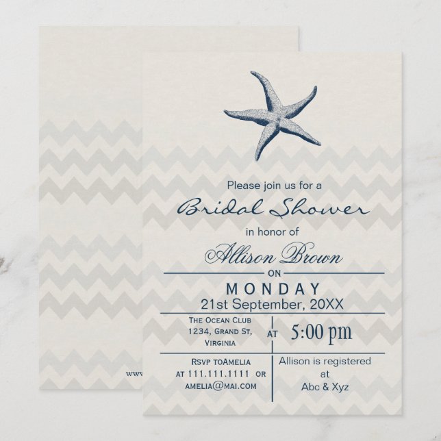 Blue Chevron Starfish Beach bridal shower Invites (Front/Back)