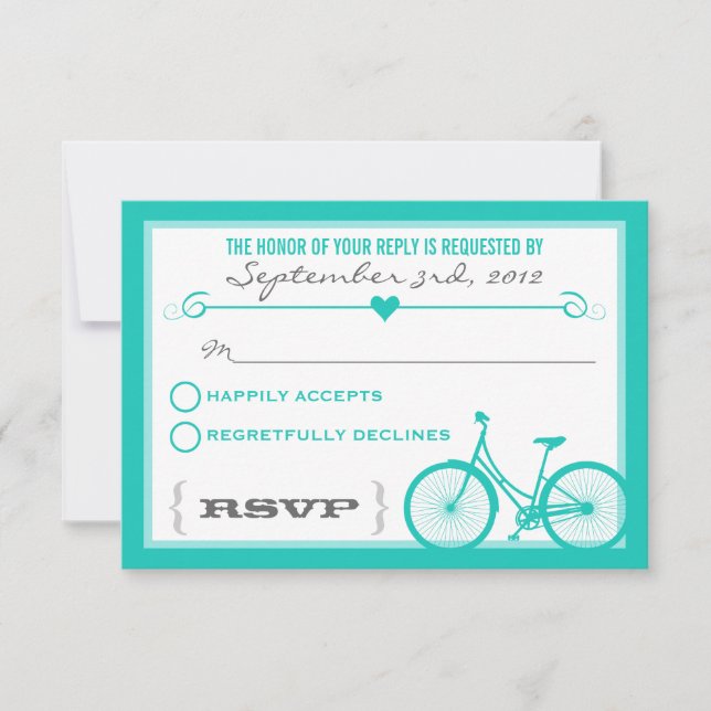 Blue Chevron Trendy Bicycle Hearts Wedding RSVP Card (Front)