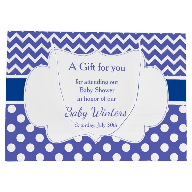 Blue Chevron & White Polka Dots Baby Shower Party Large Gift Bag (Back)