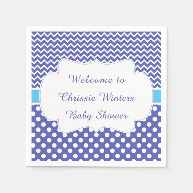 Blue Chevron & White Polka Dots Baby Shower Party Napkin (Front)