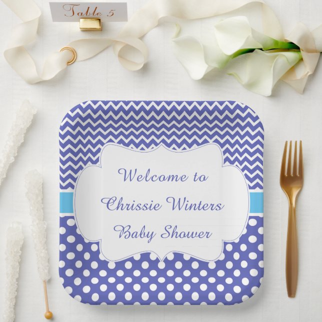 Blue Chevron & White Polka Dots Baby Shower Party Paper Plate (Wedding)