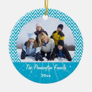 Blue chevron zigzag christmas photo ornament