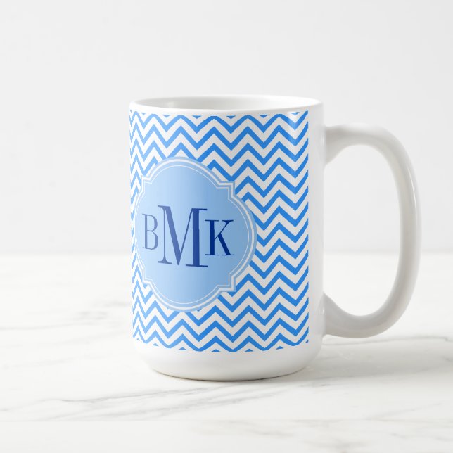 Blue Chevron Zigzag Pattern Monogram Personalised Coffee Mug (Right)