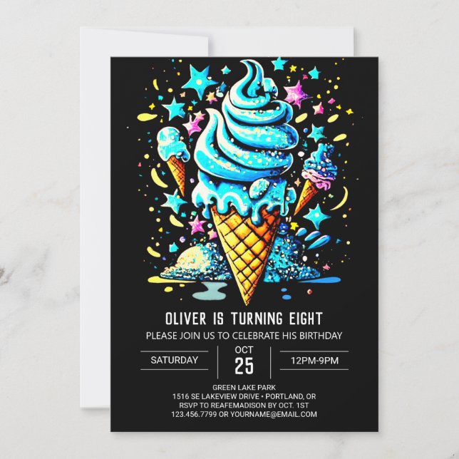 Blue Chic Custom Boy Ice Cream Birthday Invitation (Front)