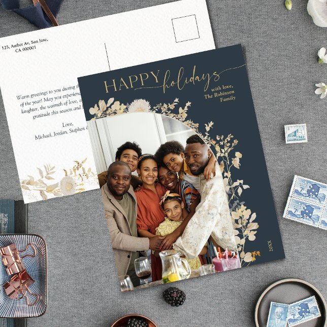 Blue & Chic Gold Happy Holidays Photo  Holiday Postcard (Creator Uploaded)