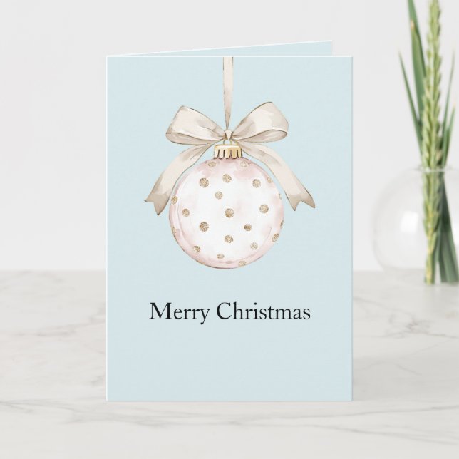 Blue Chic White Dots Bow Ornament Christmas Card (Front)