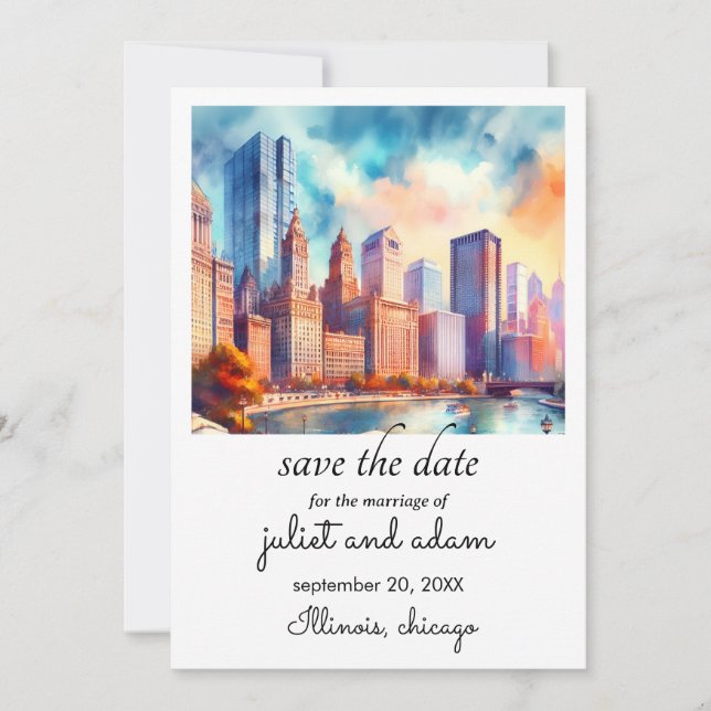 blue chicago wedding skyline save the date invitation (Front)