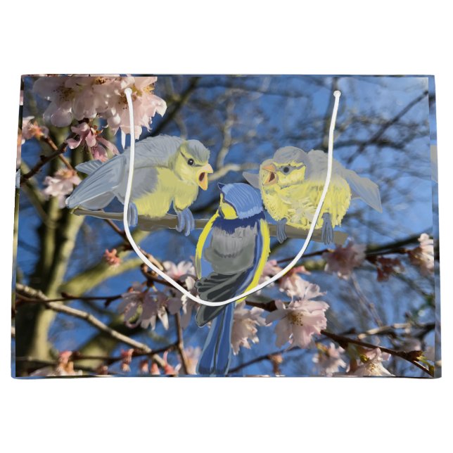 Blue Chickadee Mother and Babies Easter Large Gift Bag (Front)