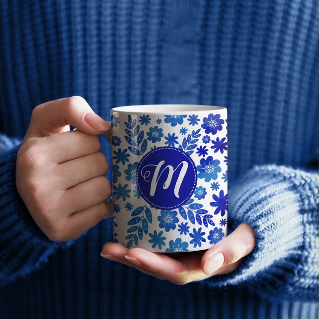 Blue China Hand Drawn Floral Pattern & Monogram Coffee Mug (Blue Floral Monogram Patterned Mug)