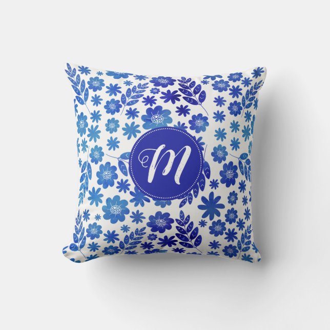 Blue China Hand Drawn Floral Pattern & Monogram Cushion (Front)
