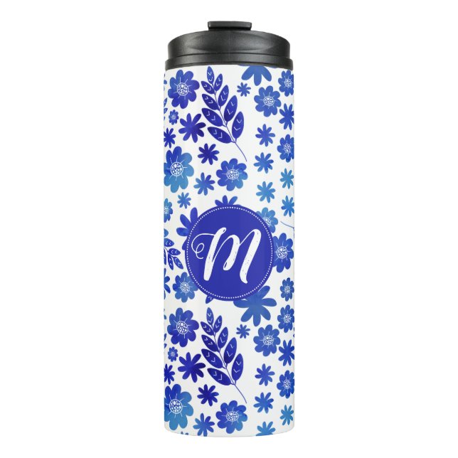 Blue China Hand Drawn Floral Pattern & Monogram Thermal Tumbler (Front)