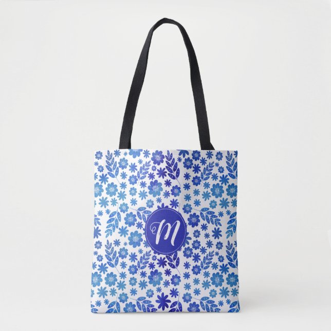 Blue China Hand Drawn Floral Pattern & Monogram Tote Bag (Front)