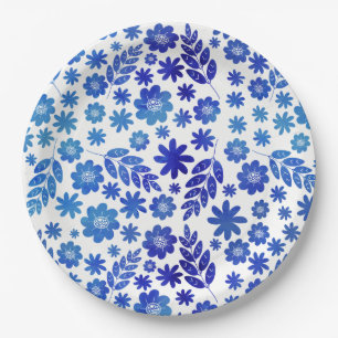 Blue China Hand Drawn Floral Pattern Paper Plate