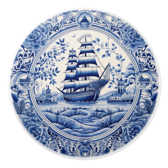 Blue China Inspired Nautical Ship Knob (Front)