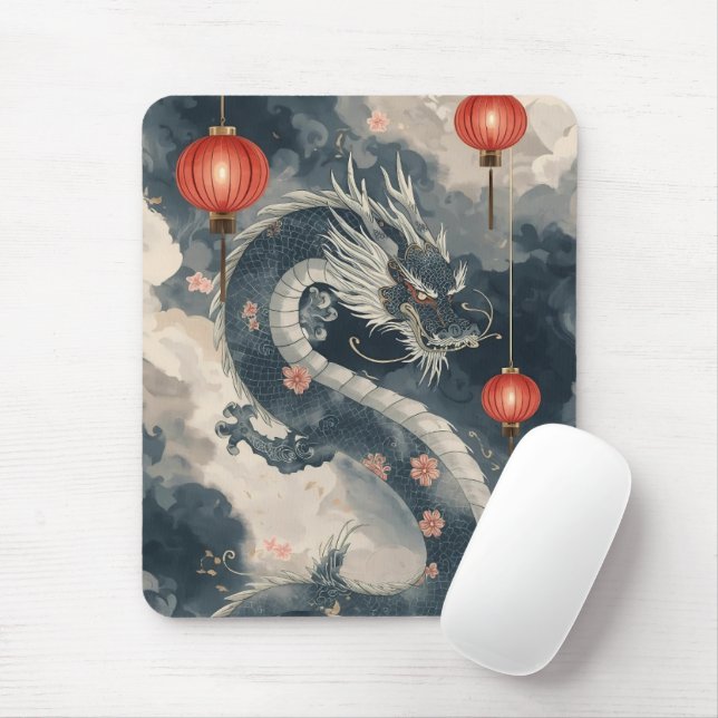 Blue Chinese Dragon Lanterns Mouse Mat (With Mouse)