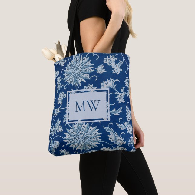 Blue Chinese Floral Custom Monogram Tote Bag (Close Up)