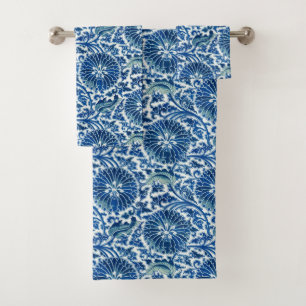 Blue Chinese Floral Pattern Bath Towel Set