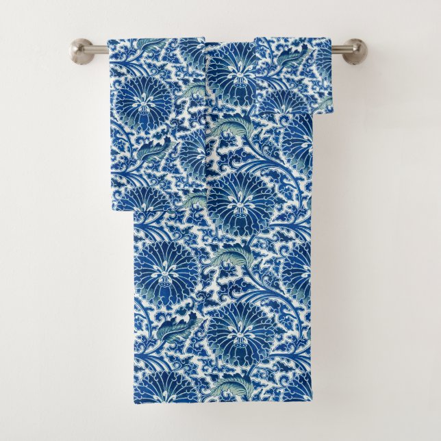 Blue Chinese Floral Pattern Bath Towel Set (Insitu)