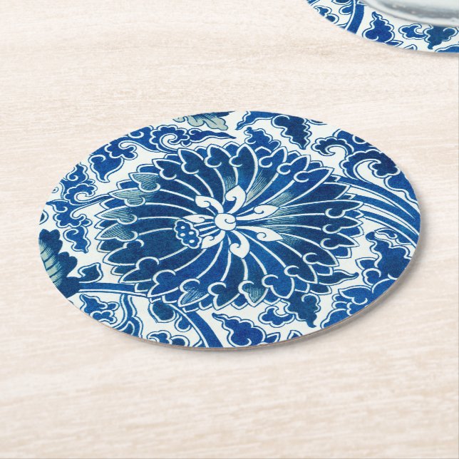Blue Chinese Floral Pattern Round Paper Coaster (Angled)