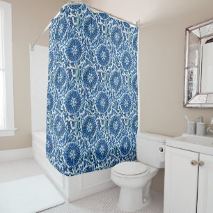 Blue Chinese Floral Pattern Shower Curtain