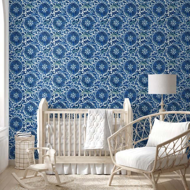 Blue Chinese Floral Pattern Wallpaper (Kids)
