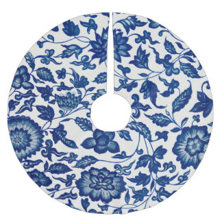 Blue Chinese Ornamental Floral  Brushed Polyester Tree Skirt